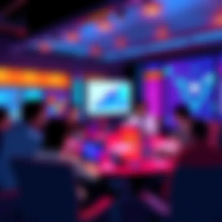 A group of people discussing Vechain updates around a table with laptops and charts.