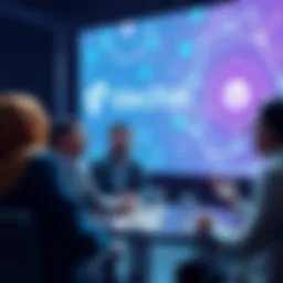 Group of people engaging in a discussion about Vechain, sharing insights and asking questions, with a digital backdrop of blockchain technology