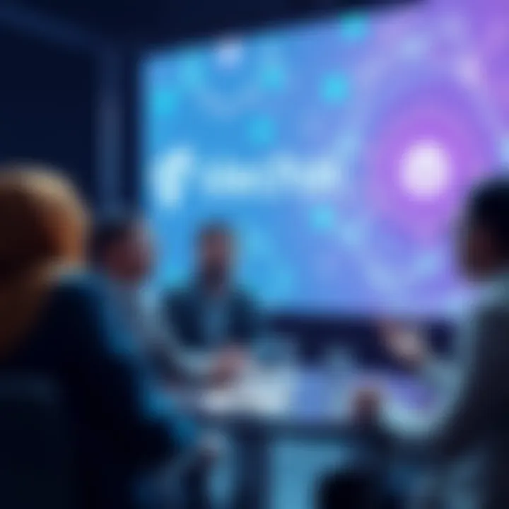 Group of people engaging in a discussion about Vechain, sharing insights and asking questions, with a digital backdrop of blockchain technology