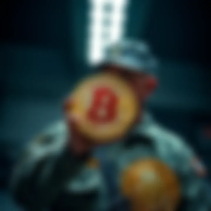 A military veteran stands holding a Bitcoin symbol, reflecting on financial struggles and resilience amid personal challenges.
