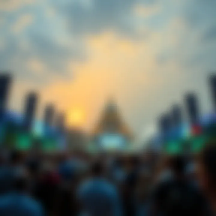 A view of a crowd gathered at an outdoor event in summer 2015, celebrating the launch of a new cryptocurrency project, with banners and excited people.