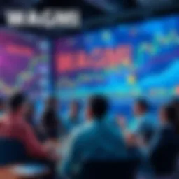 A group of people engaging in a lively discussion about cryptocurrency, with charts and graphs illustrating market trends in the background.