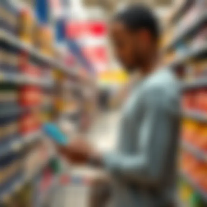 A shopper using Walmart's OnePay app to trade cryptocurrency while standing in a store aisle.