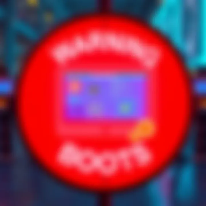 A warning sign with a computer screen displaying memecoins and bots, illustrating the risks of using GitHub sniper bots for investments.