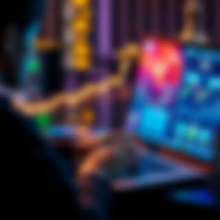 A person analyzing stablecoin options on a laptop, with charts and digital currency icons on screen.