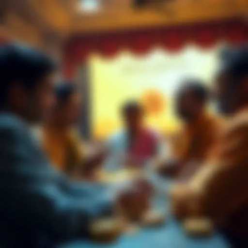 A group of wealthy individuals in India discussing Bitcoin and cryptocurrency investments, with gold items in the background