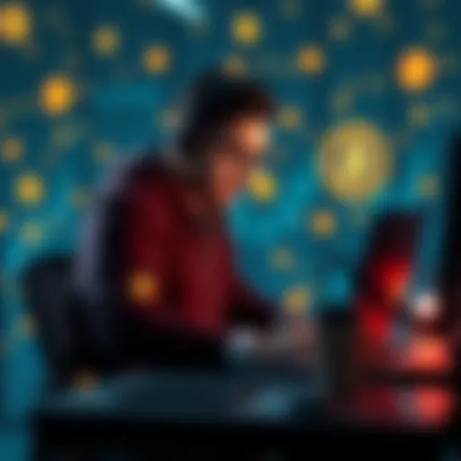 A web developer coding on a laptop with cryptocurrency symbols in the background