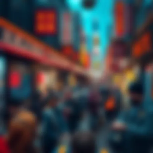 A bustling weekend market scene with people trading stocks on their devices, showing a shift in trading activity.