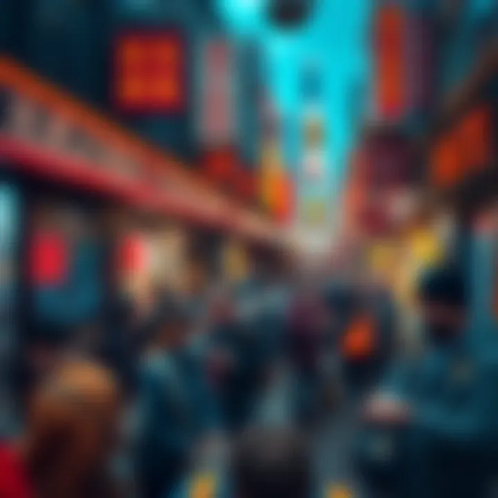 A bustling weekend market scene with people trading stocks on their devices, showing a shift in trading activity.