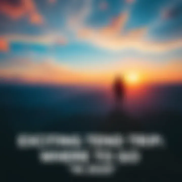 Weekend Trip Inspiration A person standing on a mountain peak looking at the sunset, surrounded by nature, symbolizing adventure and travel.