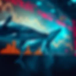 Large whales symbolically trading billions of shares on a digital market display