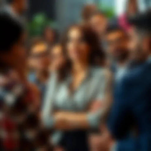 A woman confidently leading a discussion with a diverse group of people, representing modern relationships and gender dynamics.