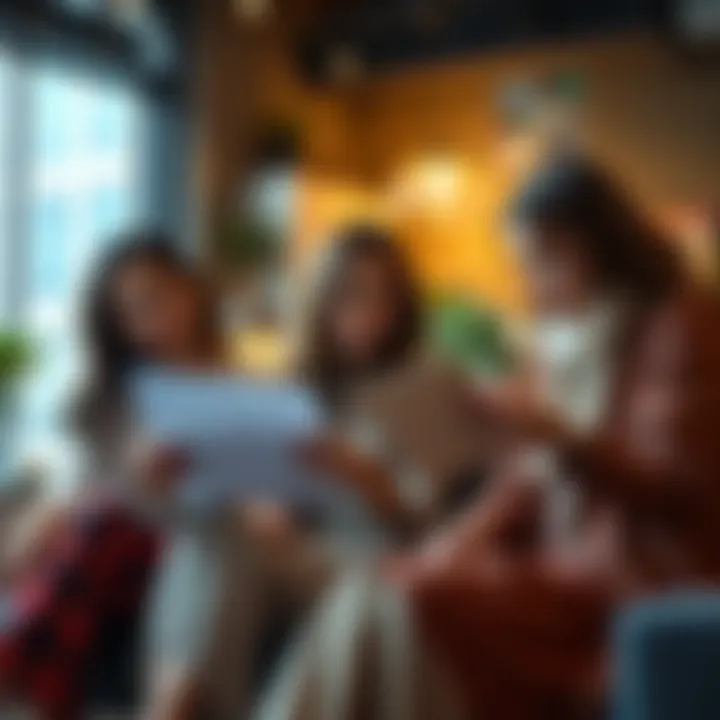 A group of women sitting together, examining financial documents and discussing cryptocurrency investments, showing concern and focus.