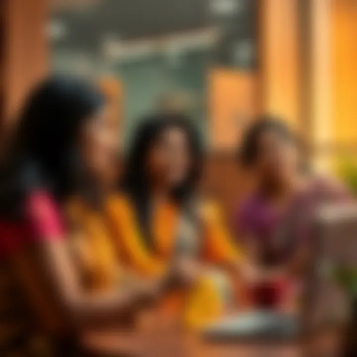 A group of Indian women discussing Bitcoin investment strategies in a friendly environment.