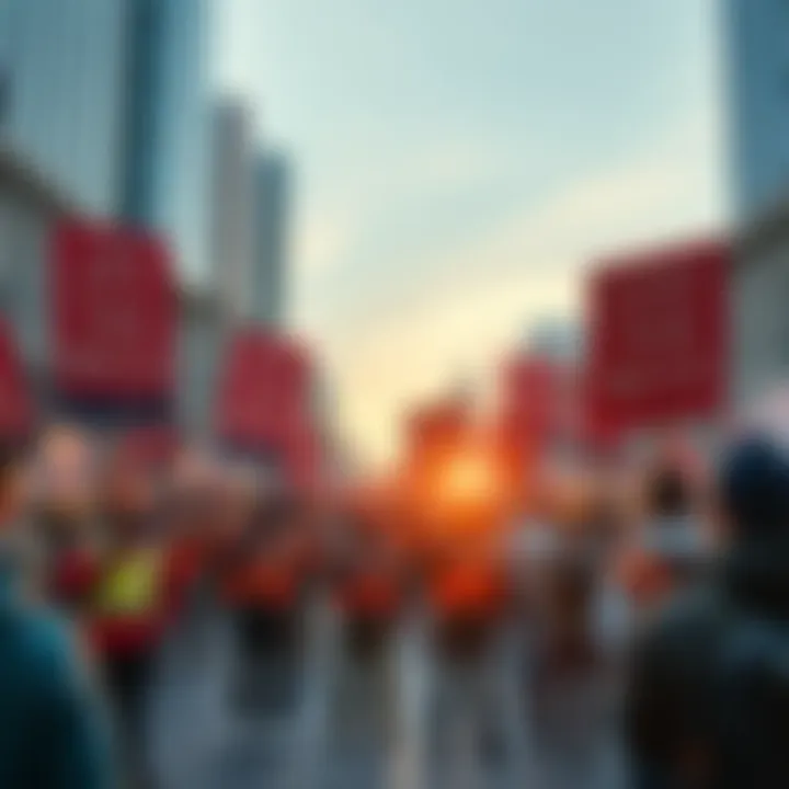 A group of workers holding signs demanding a pay raise, gathered in a city square, showing solidarity amid rising costs.