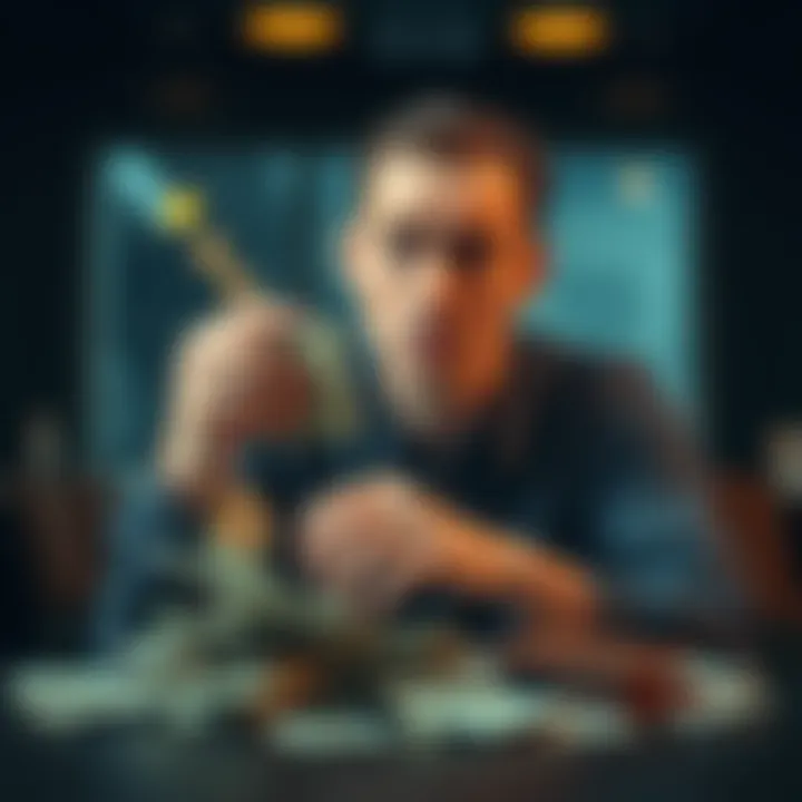 A man looking anxious while counting empty wallets on a table, symbolizing financial loss due to fake internet money collapse.