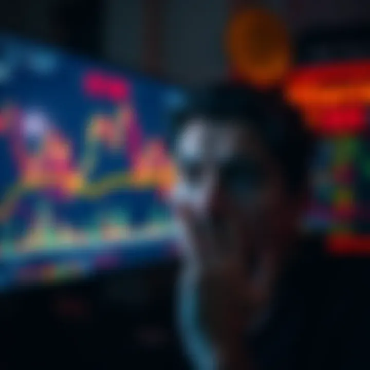 A person anxiously staring at a screen displaying a fluctuating bitcoin chart, symbolizing anxiety in cryptocurrency investment.