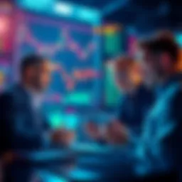 Traders discussing XCH prices with charts and graphs in the background