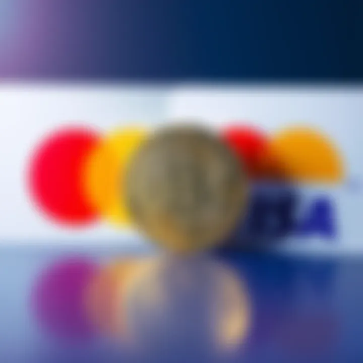 XRP digital coin symbol in front of MasterCard and VISA logos, representing competition in the payment industry