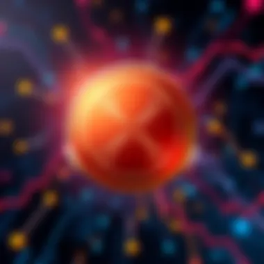 Illustration of the XRP logo with digital currency graphics in the background.