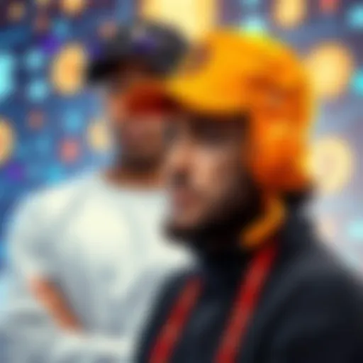 A person explaining XRP's use case to another person wearing a Bitcoin cap, showing confusion, with a digital background of cryptocurrency symbols.