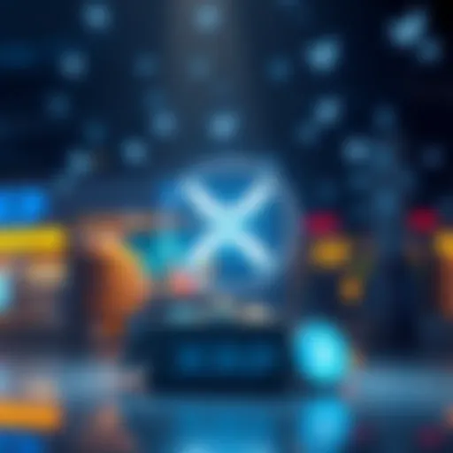 A visual representation of XRP, highlighting its logo and symbols of stability and commerce, like a retail store and digital currency icons.