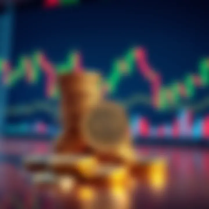 A pile of XRP coins stacked on a table with a graph in the background showing fluctuating prices