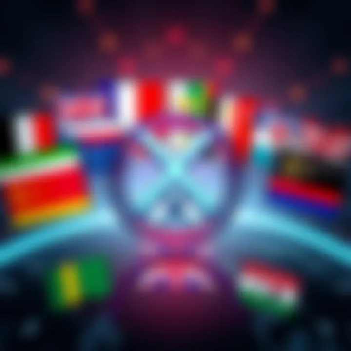 Graphic showing XRP symbol with flags of various countries representing international payments