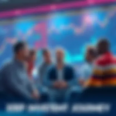 A group of diverse investors discussing their long-term strategies for holding XRP, emphasizing patience and future goals, with charts showing market trends in the background.