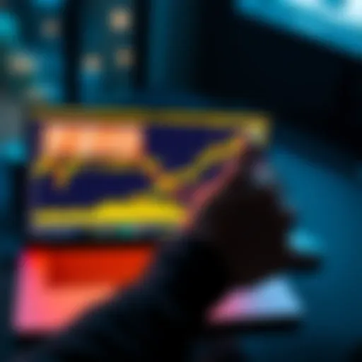 A person looking at a digital graph showing XRP price trends with a laptop and currency symbols in the background.