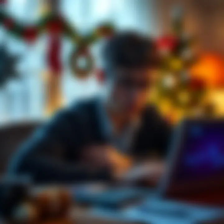 An XRP investor sits at a desk looking worried, with charts of declining prices on a laptop and holiday decorations in the background.