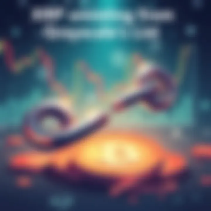 Illustration showing a broken chain link representing XRP's absence from Grayscale's top 20 list, with financial charts and community discussion icons in the background.
