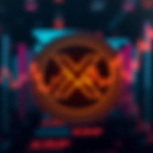 A graphic showing a downward trend line for XRP prices with a digital currency symbol in the background