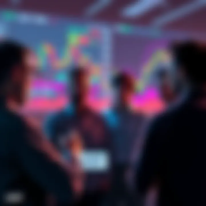 Group of people discussing XRP price drop with charts and graphs in the background