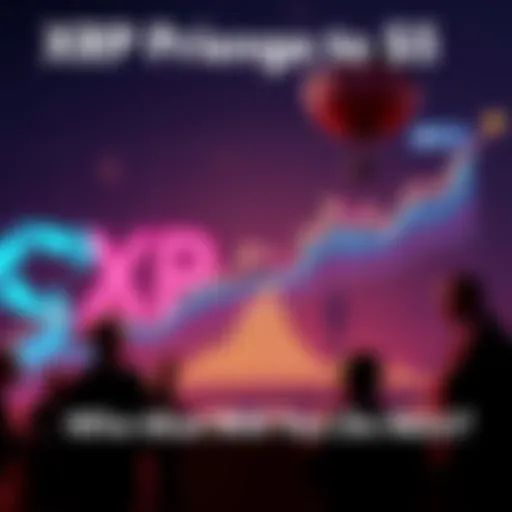 A graph showing XRP price rising to $5 with people discussing strategies in the background.