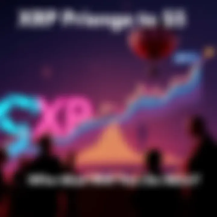 A graph showing XRP price rising to $5 with people discussing strategies in the background.