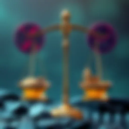 A visual representation of the ongoing conflict between XRP and the SEC, showing a scale balancing opportunities for investment and regulatory challenges.