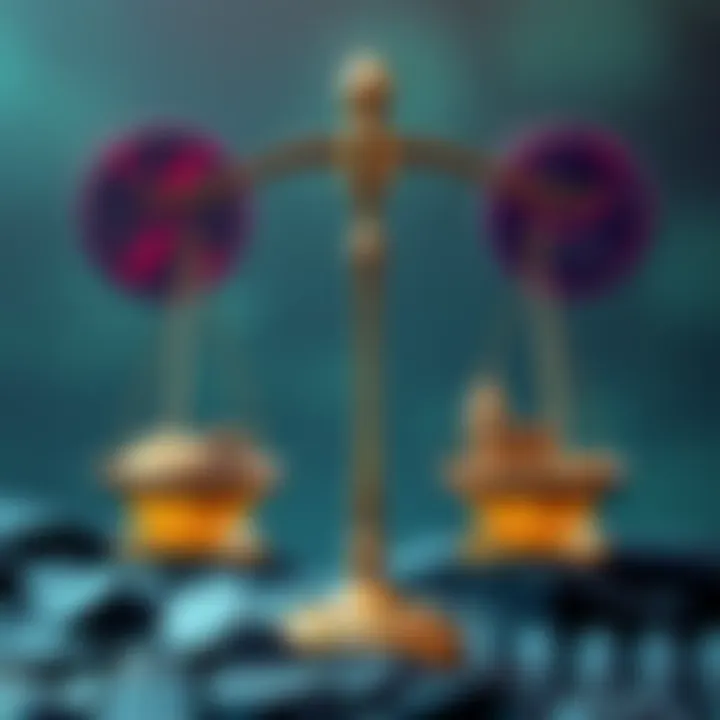 A visual representation of the ongoing conflict between XRP and the SEC, showing a scale balancing opportunities for investment and regulatory challenges.