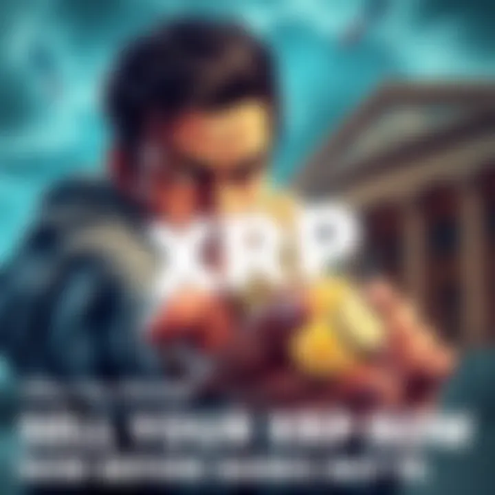 A person looking worried while holding XRP coins, with a bank building in the background symbolizing banks buying cryptocurrency. The text overlay indicates urgency to sell XRP now.