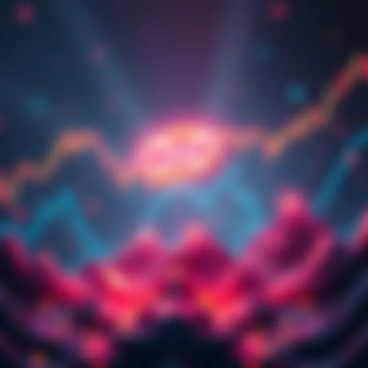 An illustration showing XRP's logo amidst falling and rising cryptocurrency charts, depicting its stagnant performance against a backdrop of positive news.
