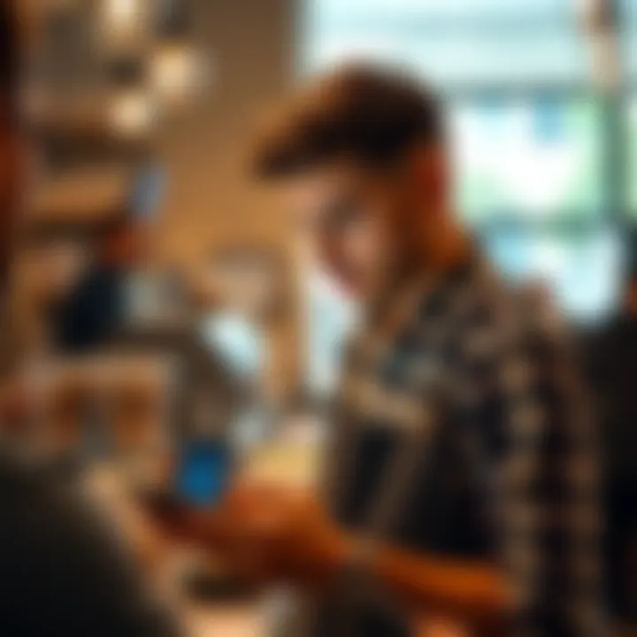 A young barista in a coffee shop discussing Bitcoin with a customer, looking at a smartphone with charts on it.