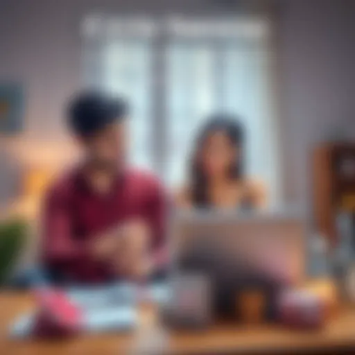 A 25-year-old couple discussing financial decisions over a laptop, with wedding planning items in the background.
