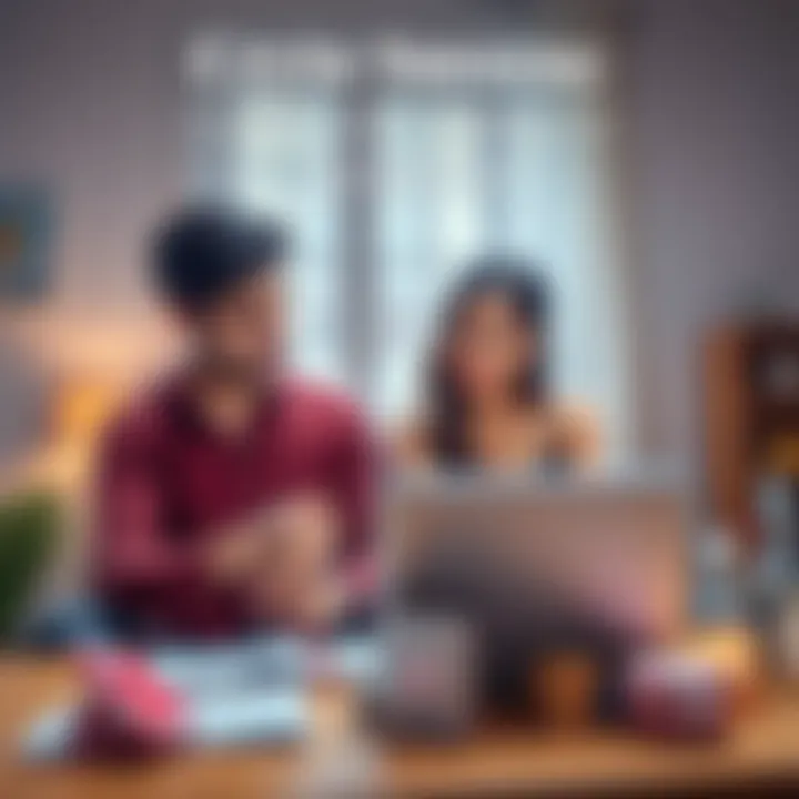 A 25-year-old couple discussing financial decisions over a laptop, with wedding planning items in the background.