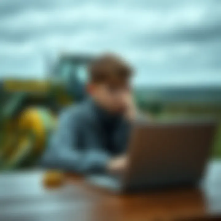 A young person sits at a table with a laptop and bitcoin symbols, looking thoughtful about cryptocurrency investments in rural Ireland.