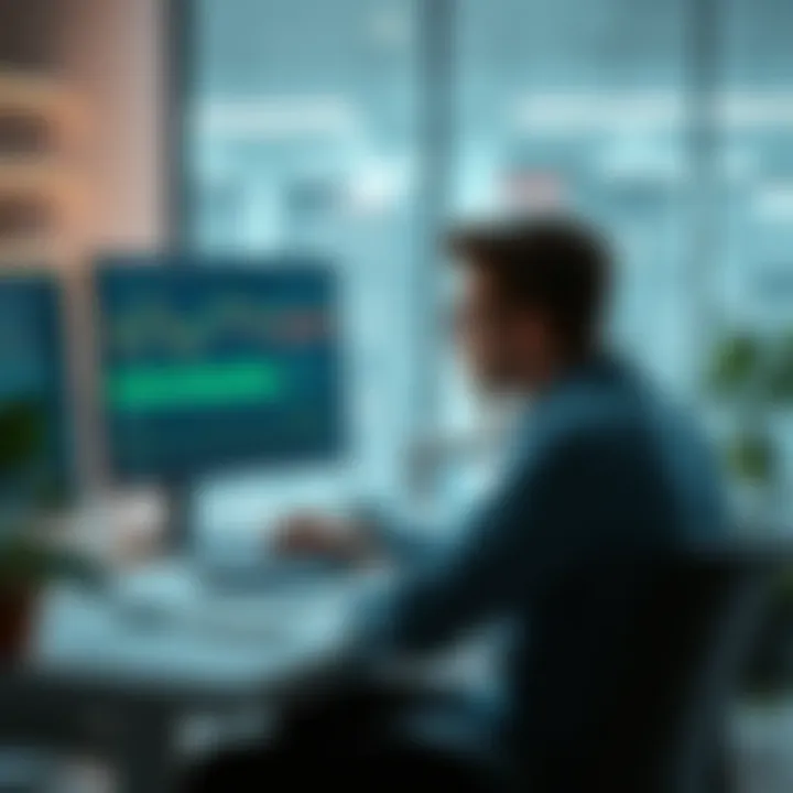 A young investor sitting at a desk, looking thoughtfully at a computer screen displaying kaspa charts and graphs, contemplating his financial future.