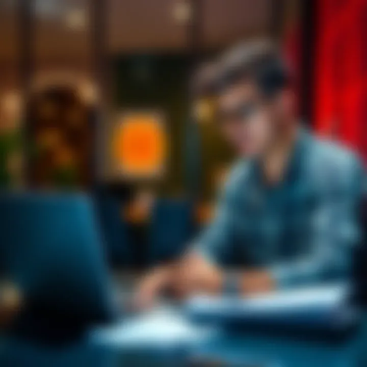 A 25-year-old man in Portugal sitting at a table with a laptop and a notepad, analyzing financial documents and planning to invest in Bitcoin with a loan.