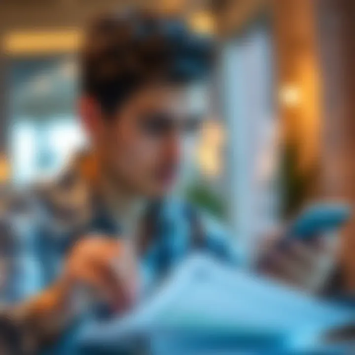 A 23-year-old man looking thoughtfully at a calculator and financial documents, weighing options for investing in HBAR or saving money.