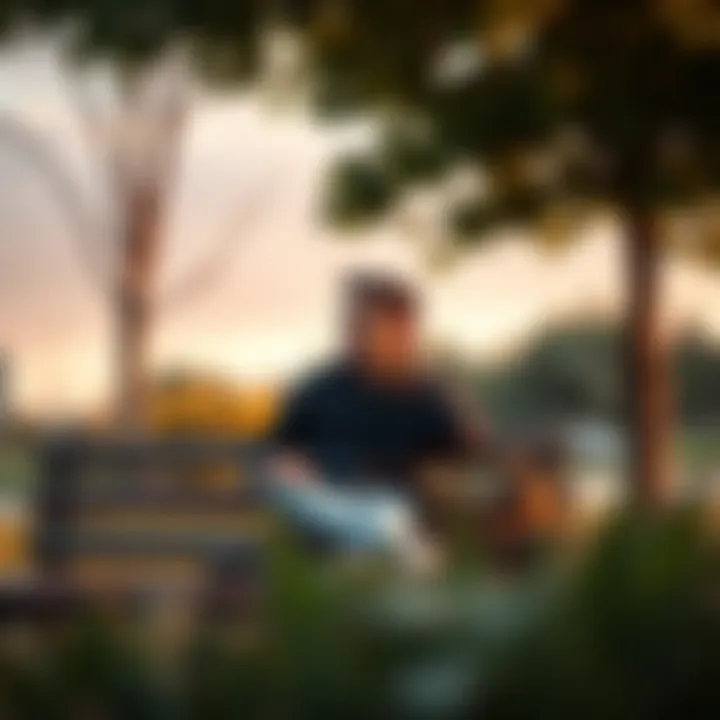A young man sitting on a park bench, deep in thought about the journey to adulthood, surrounded by nature.