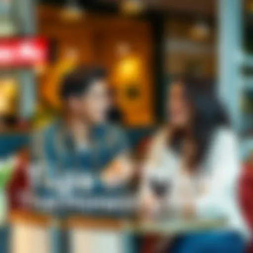A young couple sitting at a cafe, smiling and engaging in light conversation while making eye contact, hands gesturing playfully.
