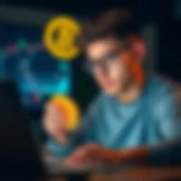 A concerned young man looking at his laptop screen while holding a Bitcoin symbol, representing his investment worries.